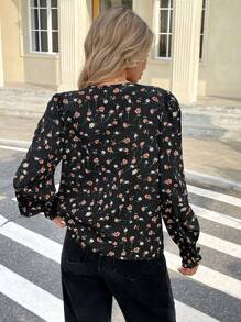 SHEIN Frenchy 女士夏季度假休闲满印花长袖衬衫、图案女衬衫、春季碎花连衣裙、长袖上衣 - 黑色 - 查看 2