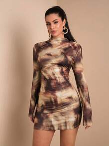 SHEIN BAE Váy ngắn ôm sát không đối xứng họa tiết nhuộm màu nâu đá cẩm thạch dành cho nữ có cổ giả, phù hợp cho tiệc cocktail, hẹn hò lãng mạn, mặc nhiều lớp vào mùa thu/đông, tiệc tùng, sự kiện trang trọng, Halloween, Giáng sinh - màu nâu - Xem 3