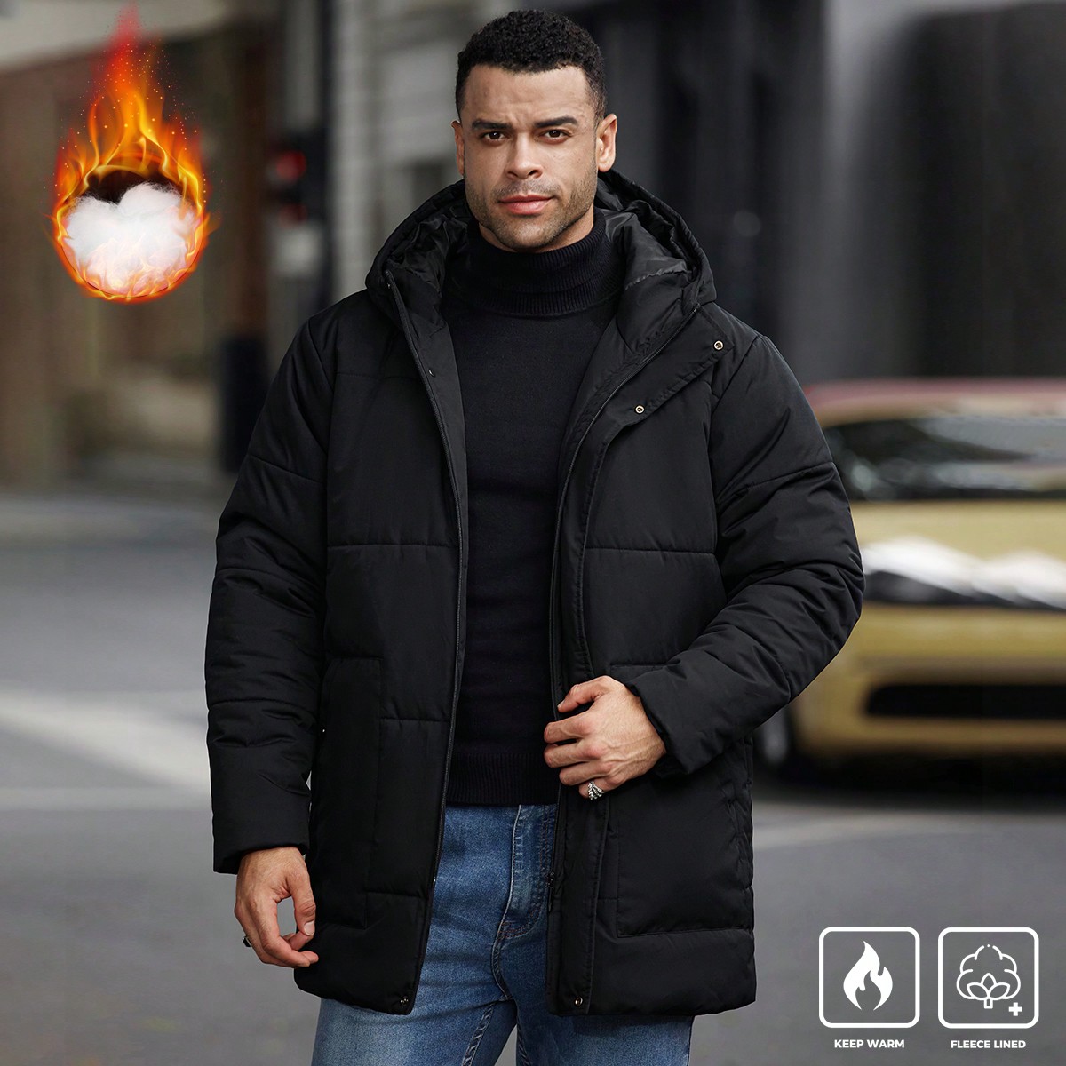 Abrigo acolchado con capucha y cremallera de unicolor de manga larga para hombre de talla grande, para salir, cálido y casual en otoño e invierno, r