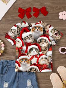 SHEIN Áo thun ngắn tay cổ tròn tối giản in hình mèo dễ thương chủ đề Giáng sinh, thích hợp cho bé gái mùa hè và Giáng sinh. - trắng - Xem 3