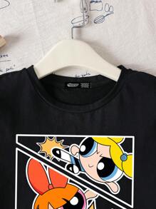 THE POWERPUFF GIRLS X SHEIN 青少年女孩休闲卡通印花圆领短袖 T 恤，夏季 - 黑色 - 查看 4