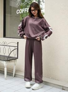 SHEIN Explorewe 2pcs/Set Teens (Girls) Casual Campus Streetwear Teen Girl Oversized Letter Print Hoodie & Sweatpants - Brown - View 3