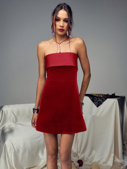 TypaGal Vestito mini a balze in velluto con contrasto in raso, elegante abito cocktail semi formale per feste, compleanni, matrimoni, lauree, cene, feste di fine anno e Capodanno, vestito da donna per festa di San Valentino