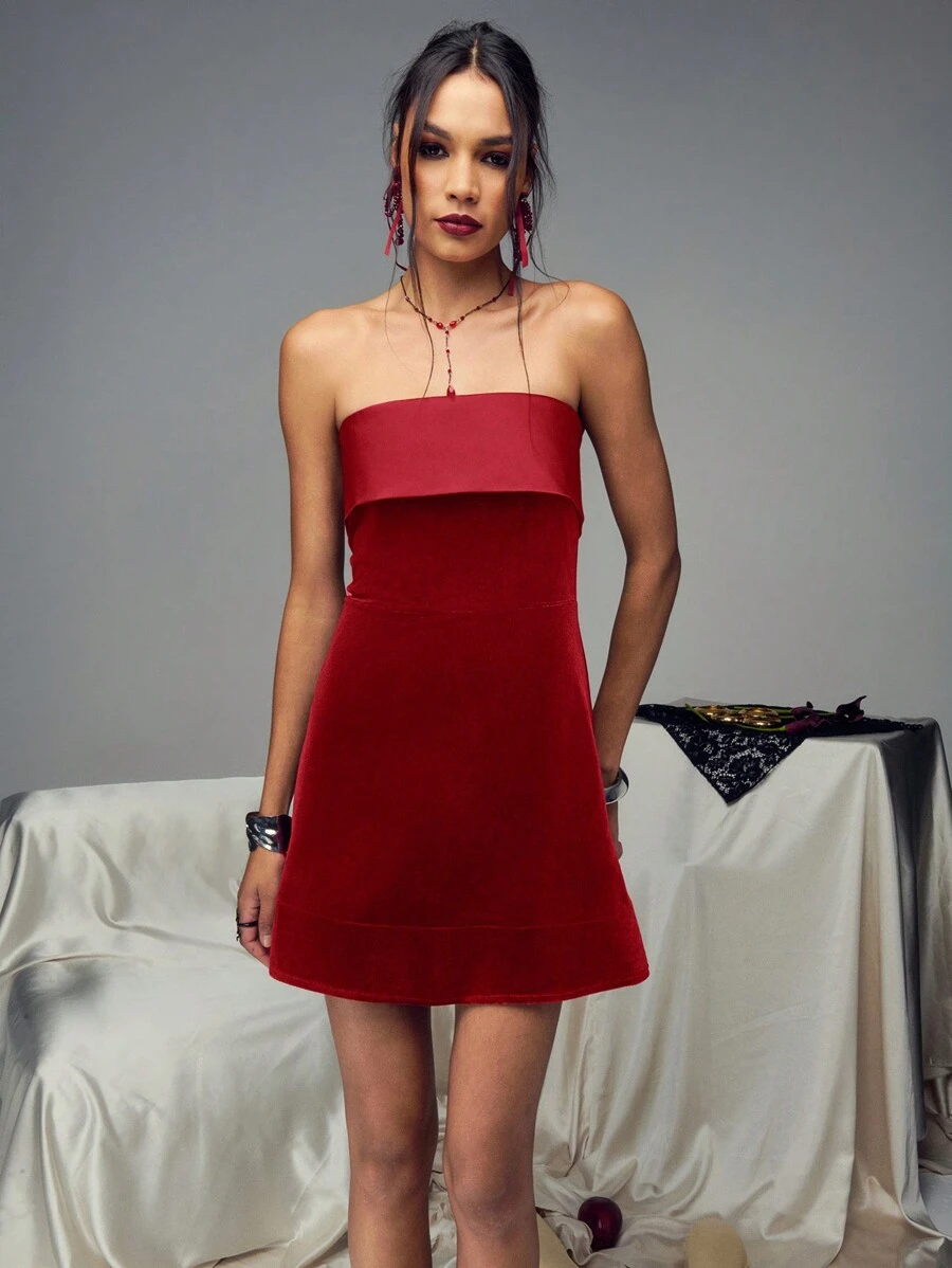 TypaGal Velourskontrastsatin Falten-Bandeau-A-Linien-Minikleid für Urlaubsparty, elegantes Cocktail-Halb-Formelles Ballkleid für Geburtstag, Hochzeitsgast, Abschluss, Dinner, Heimkehr, Silvester für Neujahrs-Urlaubsparty, Partykleidung für Neujahr, Valentinstag-Outfit für Frauen - Rot - Übersicht 1