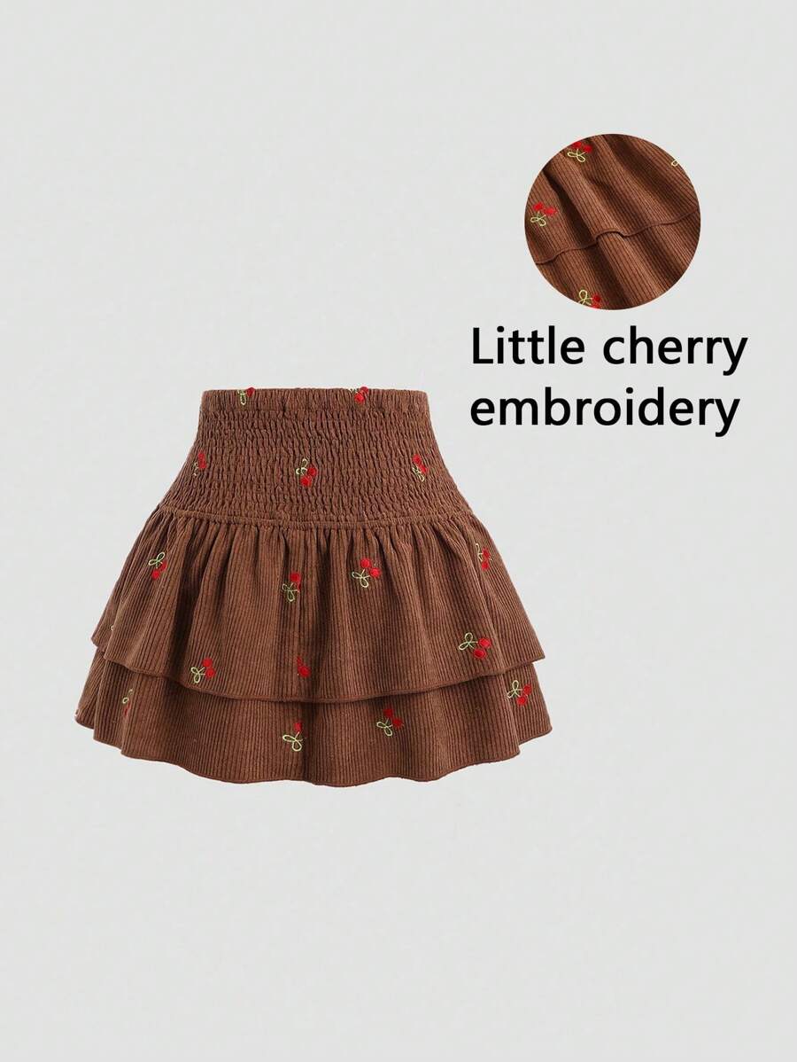 Sweetra Váy xếp ly nhiều lớp thêu họa tiết quả anh đào, vải nhung nhung cổ điển ngọt ngào, dễ thương, thời trang thu đông cho nữ Y2K - màu nâu - Xem 1