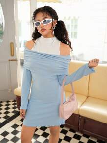 SHEIN Tween Girls Open Shoulder Fitted Bodycon Color Block Knit Dress - Multicolor - View 3