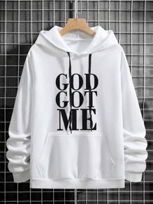 Manfinity Homme Men's Autumn Slogan Print Drawstring Hooded Sweatshirt, Casual Loose Fit - White - View 1