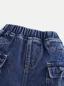 Cozy Pixies Baby Girl Street Style Washed Multi-Pocket Elastic Waist Wide Leg Cargo Denim Pants With Bowknot And Pleated, Year-Round Fashion Essential - Medium Wash - View 6