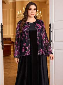 Modelyn Vestido largo de manga larga con estampado de malla, parche de terciopelo en estilo árabe para mujer de talla grande, vestido de noche largo