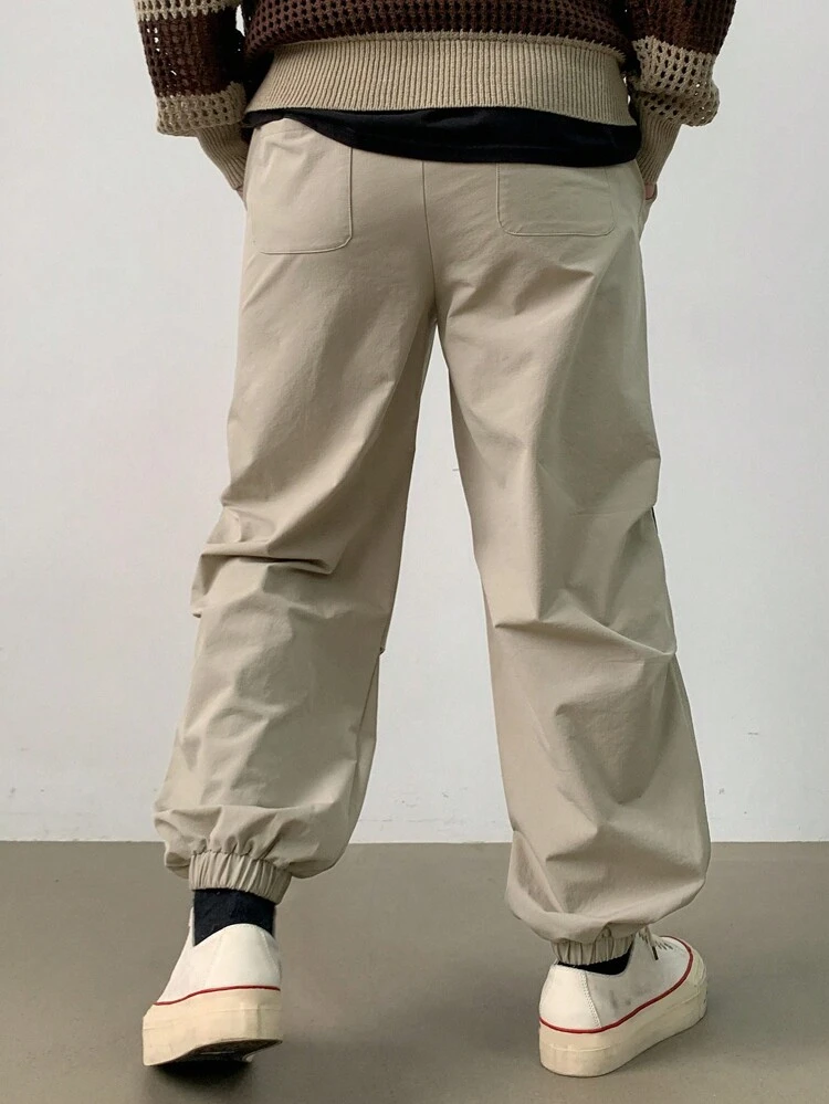 Men's Front Lace-Up Pocket Letter Print Casual Pants, Simple Daily Wear Men Joggers