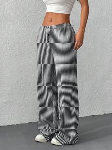Comfortcana Women's Button Decor Pocket Striped Straight Leg Loose Casual Pants - Black - View 3