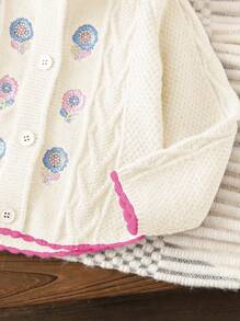 SHEIN Girls Floral Embroidered Hooded Cardigan, Vintage Country Style Knit Jacket