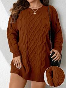 Calvaya Plus Size Women Knit Crew Neck Long Sleeve Chunky Loose Casual Sweater Dress, Autumn/Winter - Redwood - View 2