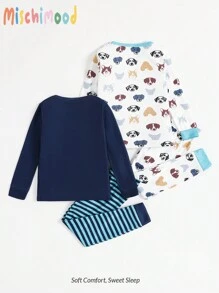 SHEIN 2pcs/Set Young Boy Casual Cartoon Dog Print Snug Fit Long Sleeve Pajamas - Multicolor - View 2