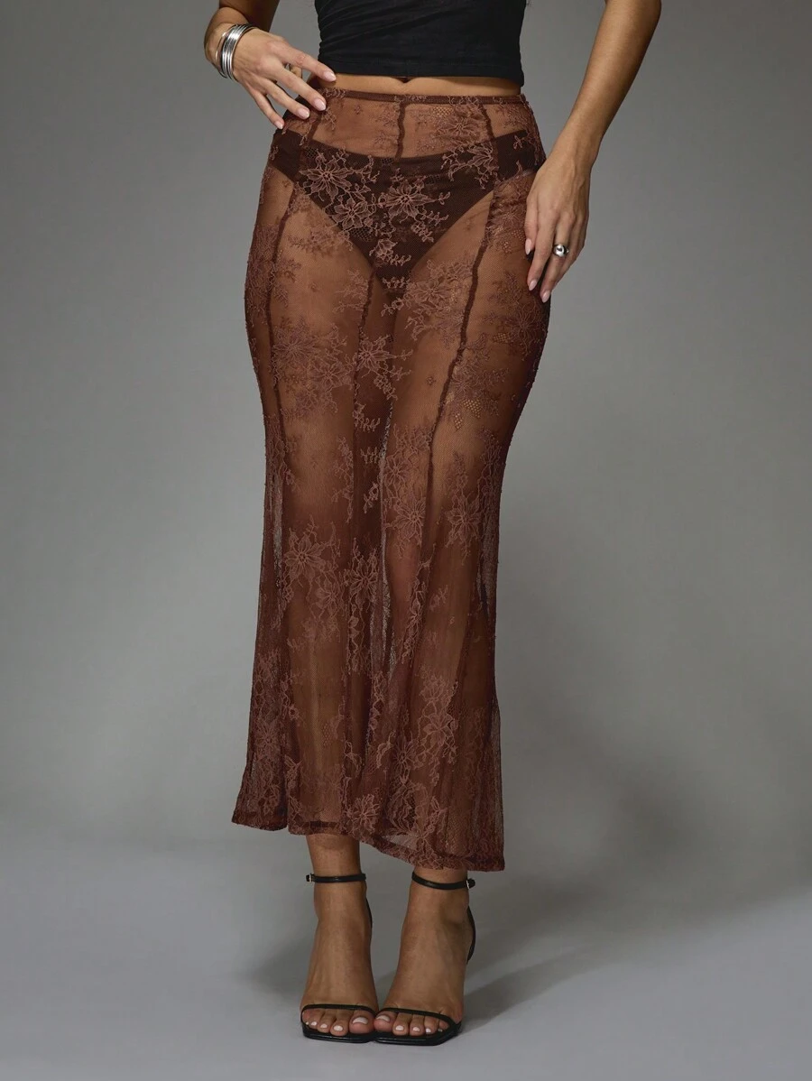 MISSGUIDED 透明蕾丝拼接鱼尾下摆长裙 - 咖啡棕 - 查看 1