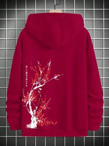 Manfinity Homme Loose Fit Men's Floral Print Drawstring Thermal Lined Hoodie - Burgundy - View 1