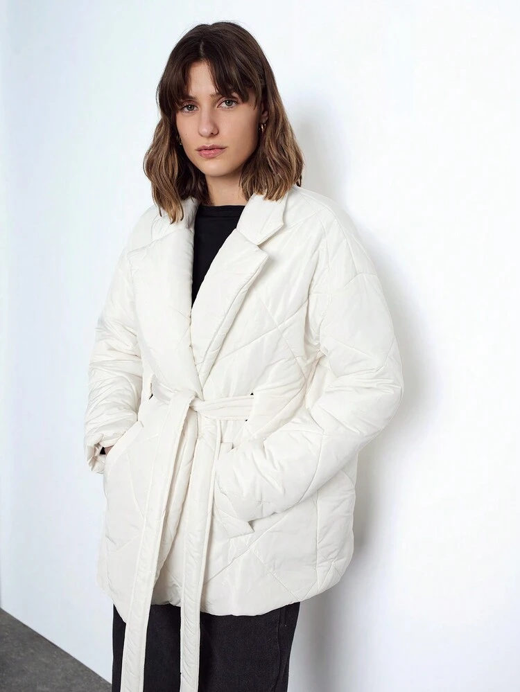 SHEIN Maija Women's Warm Casual Diamond Quilted Lapel Neck Long Sleeve Padded Coat, Everyday Wear For Autumn/Winter