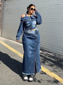 SHEIN ICON Plus Size Casual Denim Skirt With Foldover Waistband & Side Slit Design - Medium Wash - View 4