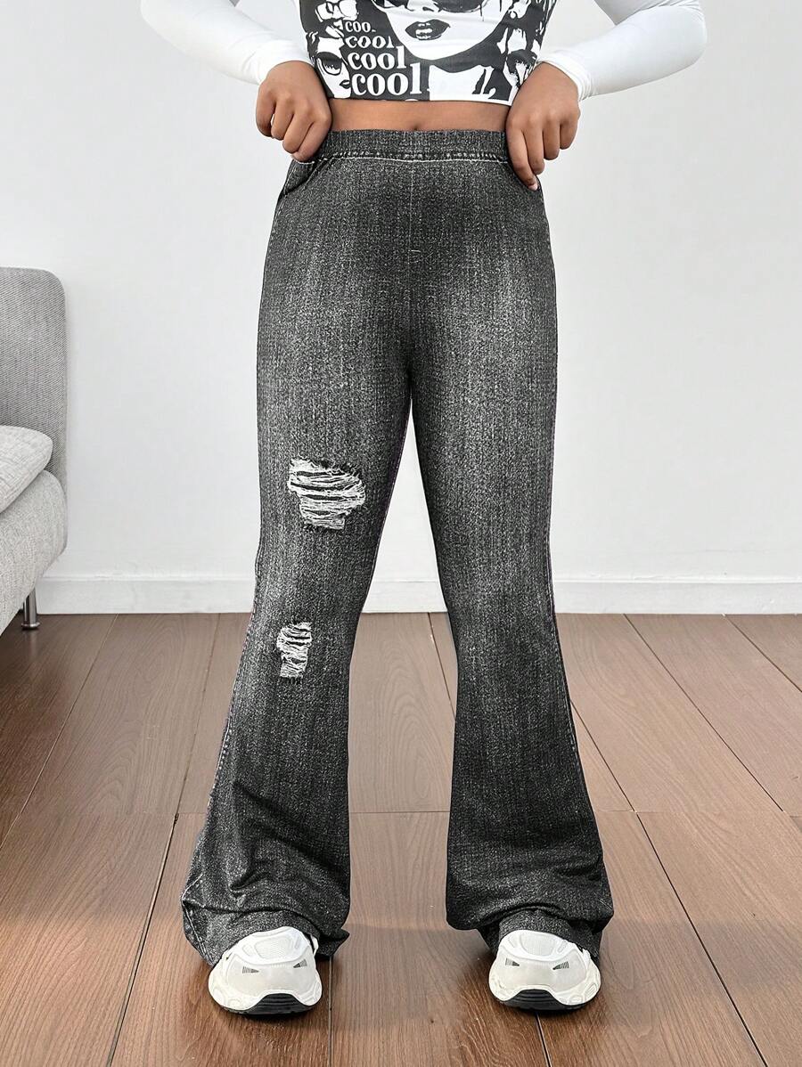 SHEIN Tween 女童针织牛仔效果仿旧印花休闲喇叭裤 - 黑色 - 查看 1