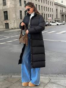 SHEIN Cottnline 女士黑色高领羽绒口袋细节冬季外套 - 黑色 - 查看 6