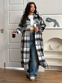 SHEIN EZwear Plus Size Front Button Long Sleeve Pocket Plaid Casual Jacket, For Winter - Black and White - View 3