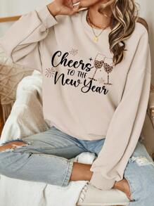 SHEIN LUNE 欢呼新年豹纹酒杯图案休闲超大圆领长袖运动衫，女式冬季假日