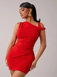 Radiana Summer;Women 2Pcs Set Asymmetric Collar Ruffle Slim Fit Top And Body-Con Skirt, Fashionable