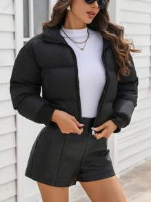 Chiquease 1 chiếc Áo khoác phao dài tay tối giản có khóa kéo phía trước màu trơn dành cho nữ, mặc thường ngày - màu đen - Xem 6