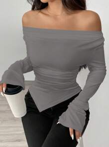 Zielony Women Draped Neck Solid Color Long Sleeve Knit Top With Asymmetrical Hemline Fall Cloth For Women - Light Grey - View 4
