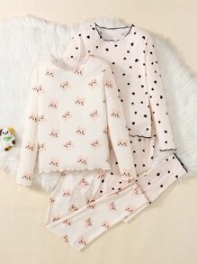 SHEIN 4 件套可爱猫咪 & 心形印花圆领长袖 & 裤子针织柔软触感睡衣套装适合少女