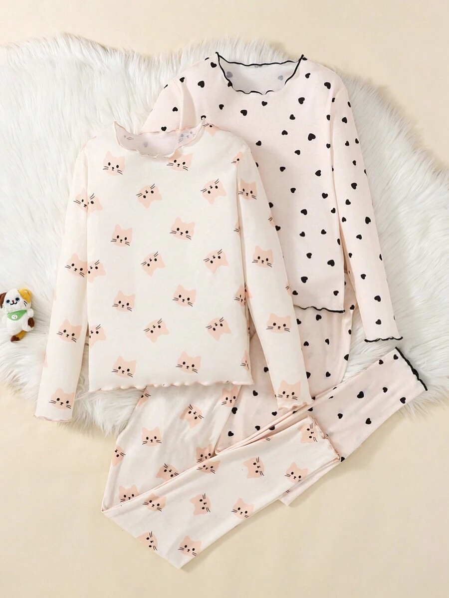 SHEIN 4 件套可爱猫咪 & 心形印花圆领长袖 & 裤子针织柔软触感睡衣套装适合少女