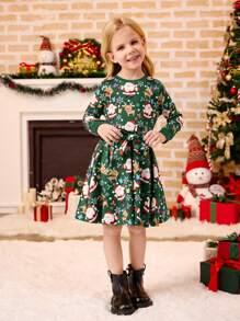 Váy chữ A dài tay ôm dáng cho bé gái, họa tiết người tuyết dễ thương, bông tuyết, ông già Noel, tuần lộc, in bất đối xứng, ấm cúng, thanh lịch, váy chui đầu cổ tròn, phù hợp cho mẹ và con gái - màu xanh lá - Xem 6