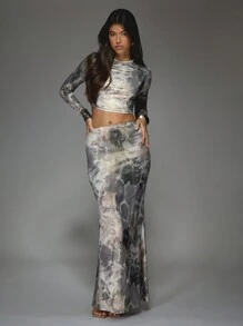 MISSGUIDED Bedrukt mesh ronde hals top met lange mouwen en bodycon maxi rok tweedelige co-ordset
