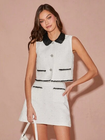 Enchnt Conjunto de chaqueta de chaleco sin mangas con botones decorativos de perlas falsas y falda de tweed en contraste de color blanco y negro, elegante y romántico para mujer, ideal para San Valentín, Navidad, Año Nuevo, cumpleaños, vacaciones, citas y uso diario