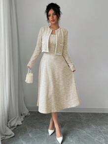 Elenzga 女式秋季仿珍珠装饰长袖开襟夹克和无袖连衣裙优雅两件套 - 卡其色 - 查看 6