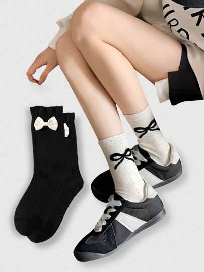 2 Pairs Women's Soft, Breathable, Cute & Simple Korean/Japanese Style Black + Beige Polka Dot Bow Crew Socks, Perfect For Women And Girls, Daily Wear, Gift Box Packaging