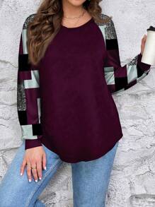 SHEIN LUNE Plus Size Women Casual Colorblock Square Pattern Raglan Sleeve Round Neck Loose T-Shirt, Suitable For Spring & Autumn - Purple - View 4