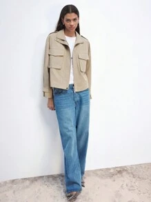 Maija Áo khoác nữ màu kaki khóa kéo và nút cài phía trước đầu xuân có túi xếp, áo dài tay giản dị và thời trang - Màu Khaki - Xem 2