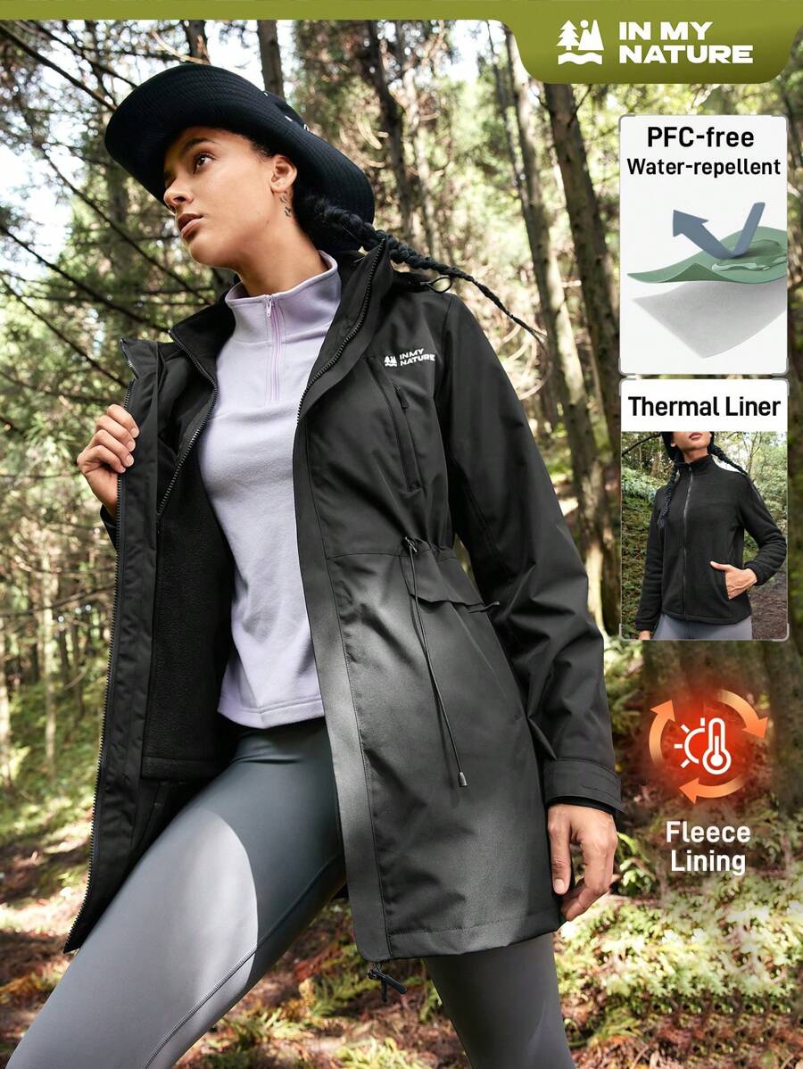 In My Nature 1pc Women Solid Color Drawstring Hooded Jacket With Pockets, Outdoor Sports Usewinter Women Tops Keep Warm - Black - View 1