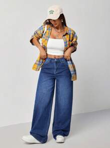 SHEIN EZwear 女士低腰休闲性感阔腿牛仔裤，蓝色 - 藍色 - 查看 4