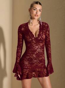 SHEIN BAE Czarna koronkowa sukienka, seksowna wieczorowa sukienka, sukienka na imprezę halloweenową, sukienka z falbaniastym dołem, sukienka z falbaniastym rękawem i asymetrycznym dołem, przezroczysta seksowna sukienka, sukienka klubowa