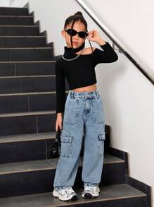 Quần Jeans Ống Thẳng Túi Hộp Tối Giản Thường Ngày Cho Bé Gái - Màu xanh lam - Xem 3