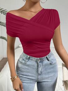 Firerie Women's Solid V-Neck Short Sleeve Minimalist T-Shirt, Casual Everyday Wear - Burgundy - View 4