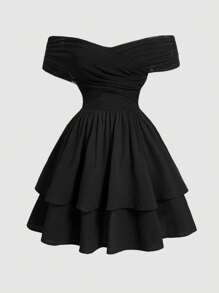 SHEIN Girlism Đầm dự tiệc màu trơn trễ vai cổ chữ thập nhún eo xếp lớp nhiều lớp cho bé gái tuổi teen - màu đen - Xem 3