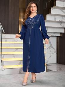 Modelyn Vestido largo elegante con cuello en V, decoración de strass y manga de farol para mujeres de talla grande. Vestido largo de noche para mujer