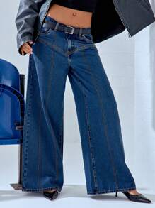 MUSERA 缝线细节阔腿低腰牛仔裤，90年代Y2K街头风春季款 - 藍色 - 查看 5