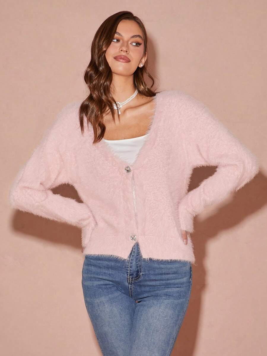 Enchnt 女士纯色落肩长袖单排扣休闲开衫，秋冬