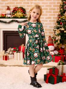 Váy chữ A dài tay ôm dáng cho bé gái, họa tiết người tuyết dễ thương, bông tuyết, ông già Noel, tuần lộc, in bất đối xứng, ấm cúng, thanh lịch, váy chui đầu cổ tròn, phù hợp cho mẹ và con gái - màu xanh lá - Xem 4