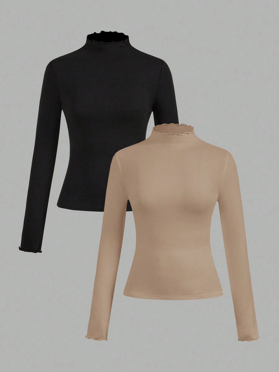 SHEIN EZwear 2 件黑色和卡其色修身长袖休闲 T 恤,秋冬款 - 彩色 - 查看 1