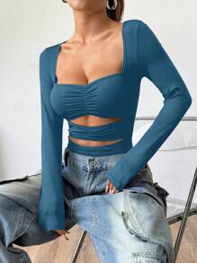SHEIN Unity 女士秋季休闲纯色长袖紧身衣 - 霧霾藍 - 查看 5